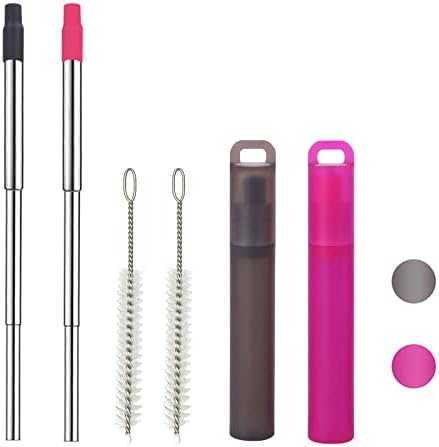 NAIVELY-Metal Reusable Straws, 2 Pack Collapsible Portable Stainless Steel Straws, with Plastic Housing Silicone Tips and Cleaning Brush, Retractable Portable Pocket Drinking Straws