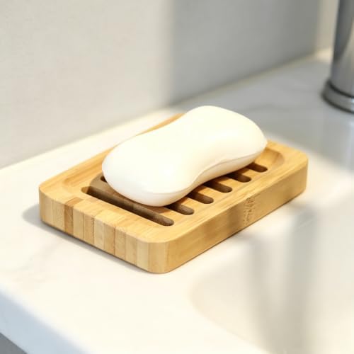 2 Pack Square Bamboo Wooden Soap Dishes, Shampoo Bar Holder with Self Draining Tray, Travel Soap Saver Case for Bathroom Kitchen Sink