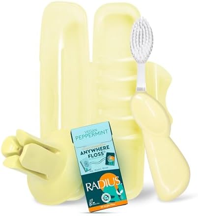 RADIUS Vacation Pastel Bundle, Includes Right Handed Big Brush, Toothbrush Travel Case, DOC Toothbrush Holder, Anywhere Travel Floss Packette, Lemon Meringue Yellow, 4 Piece Bundle