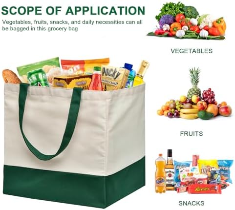 3 Pcs Reusable Grocery Bags - Heavy Duty Canvas Bag, 8.3 gal Foldable Large Canvas Tote Bag with Handles, Holds 60 lbs Tote Shopping Bags,100% Cotton(Retro Green)