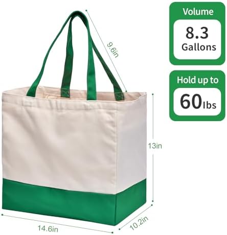 Canvas Reusable Grocery Bags Heavy Duty, 8.3 gal Foldable Large Canvas Tote Bag with Handles, Holds 60 lbs Shopping Bags, 3 Pack