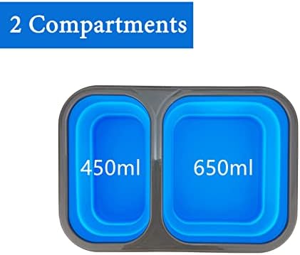 2 Compartments Collapsible Airtight Bento Box with Ideal Portion 600ml & 450ml and 2 in 1 Spoon & Fork, Food Grade Silicone Lunch Container for Adults Work Travel, Microwave Safe