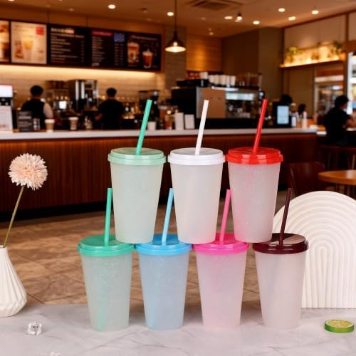 Color Changing Cups, 5 Pack 24oz Plastic Tumblers, Reusable Iced Coffee & Smoothie Cups with Lids and Straws for Parties and Travel (Bright, 24 Pcak)