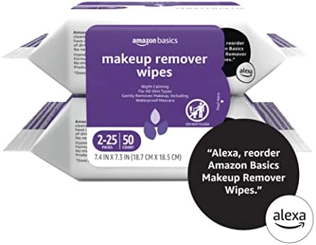 Amazon Basics Makeup Remover Wipes, Gentle Cleansing, Dermatologist Tested, Night Calming, Plant Based, Alcohol-Free, Removes Waterproof Mascara, 25 Count Per Pack, Pack of 2