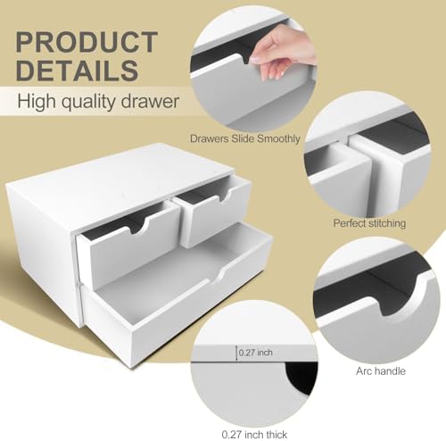 Charmewooden Bamboo Desk Organizer with 3 Drawers, Countertop Organizer with Drawers Makeup Storage Drawer 3 Drawer Tabletop Storage Organization Box Home Office Workspace(White)