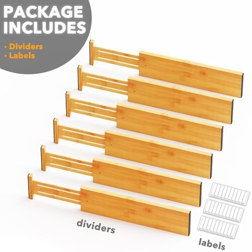 SpaceAid Bamboo Dresser Drawer Dividers 6 Pack, 4.65“ High Adjustable 17“-22” Drawer Organizers, Expandable Organization for Clothing, Clothes, Dressers, Natural