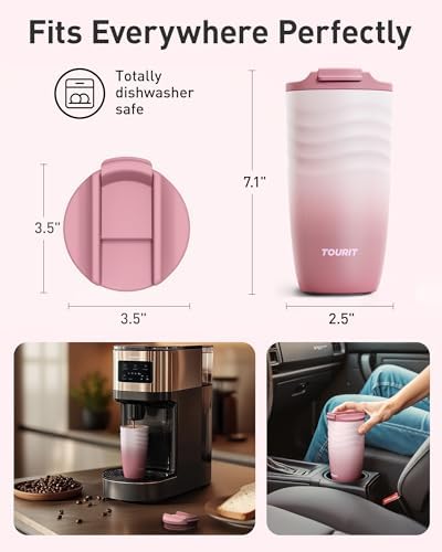 TOURIT 16 oz Insulated Travel Coffee Mug Stainless Steel Tumbler, Rose