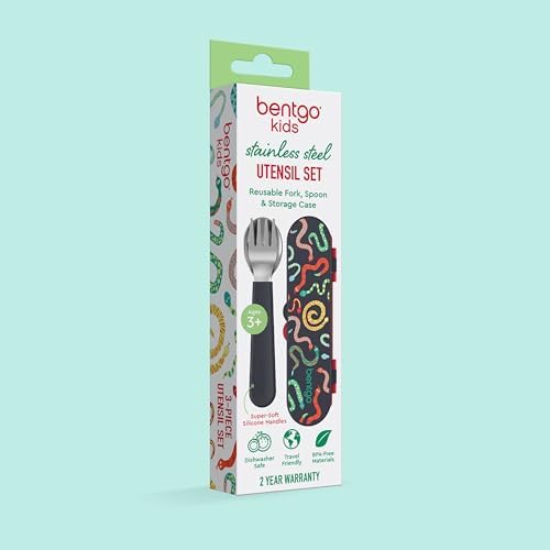 Bentgo Kids Stainless Steel Utensil Set - Reusable Fork, Spoon & Storage Case, PFAS- & BPA-Free, Easy-Grip Handles, Lightweight, Dishwasher Safe, School Lunch, Travel & Outdoors (NEW Sssnakes)