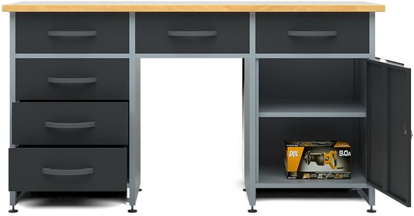 JZD Metal Storage Organization System, Wall Mount Tool Cabinet, Wood Tabletop, for Garage Workshop Utility Room