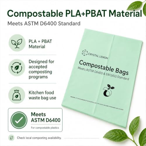 Compostable Trash Bags 6 Gallon, 50 Count Kitchen Food Waste Bags