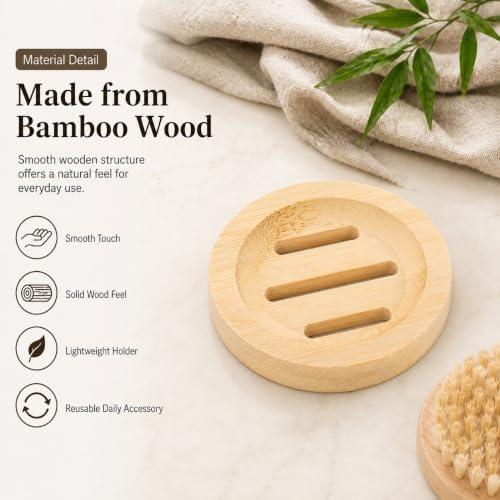 Bamboo Soap Dish for Bar Soap, Raised Wooden Holder with Drain Slots,Round Bamboo Soap Dish