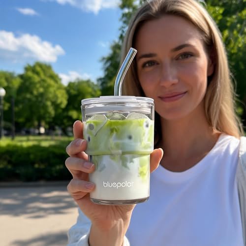 BLUEPOLAR 13oz/400ml Glass Water Tumbler with Straw and Lid Sealed Carry On Thick Wall Iced Coffee Cup Glass Cup for Water, Iced Tea Fruit Juice Etc (White-4pcs)