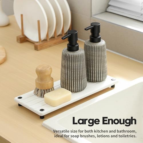 Razborci Instant Dry Sink Caddy Kitchen Sink Organizer, Quick Drying Stone Tray Diatomite Sponge Holder Soap Dish, Bathroom Countertop Fast Dry Water Absorbing Vanity Rack, White, 12" x 5"