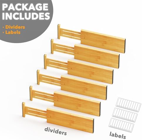 SpaceAid Bamboo Dresser Drawer Dividers 6 Pack, 4.65“ High Adjustable 12.5“-17” Drawer Organizers, Expandable Organization for Clothing, Clothes, Dressers, Natural