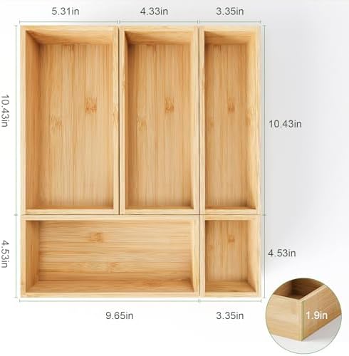 Bamboo Drawer Organizer Boxes, 5 PCS Junk Drawer Organizer, Wooden Storage Trays for Kitchen, Bathroom, Office, Makeup