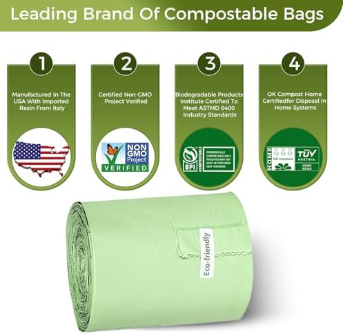 1.6 Gallon Compostable Trash Bags Drawstring, Heavy Duty Extra Thick 0.6 Mil, 6.06 Liter, 50 Bags, Small Kitchen Food Scrap Waste Bag, Unscented Pet Waste Bags, US BPI and OK Compost Home Certified