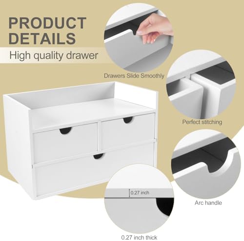 Charmewooden Bamboo Desk Organizer 3 Drawer with Shelf, Countertop Organizer with Drawers Makeup Storage Drawer 3 Drawers Tabletop Storage Organization Box Home Office Workspace(White)