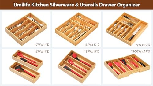 Umilife Bamboo Kitchen Drawer Organizer, 7 Inch Silverware Utensils Tray Holder for Small Drawer, Wood Caddy for Flatware Cutlery Knives
