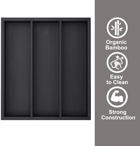 Fibogollo Bamboo Silverware Organizer with 3 Slots for Kitchen(Black)