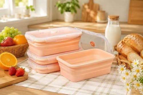 Plus 4PCS Foldable Silicone Food Storage Containers for Kitchen Storage for Leftovers Fruits and Meal Prep Dishwasher Safe Microwave Safe Ideal for Home and Travel (Pink, 27OZ)