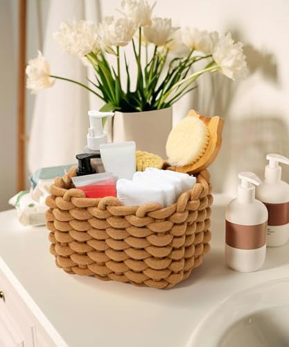 Small Cotton Rope Basket 2 Pack, Khaki Shelf Storage Bins for Desk Vanity