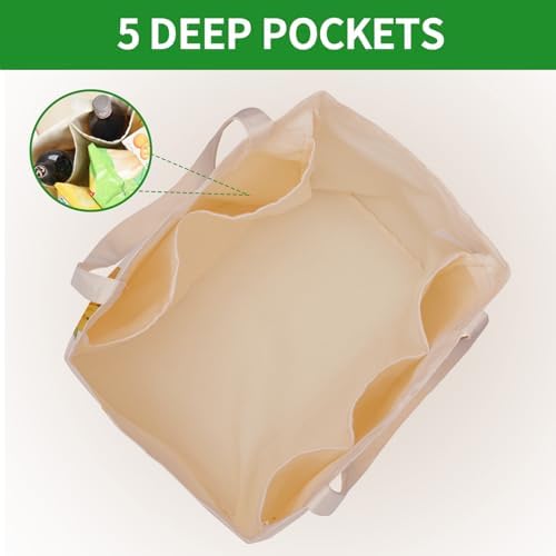 Aesthetic Canvas Reusable Grocery Bags Heavy Duty, 8.3 gal Foldable Large Tote Bag with Handles, Holds 60 lbs & Washable Eco-friendly Bags with 5 Pockets, Beige with a print 1 Bags