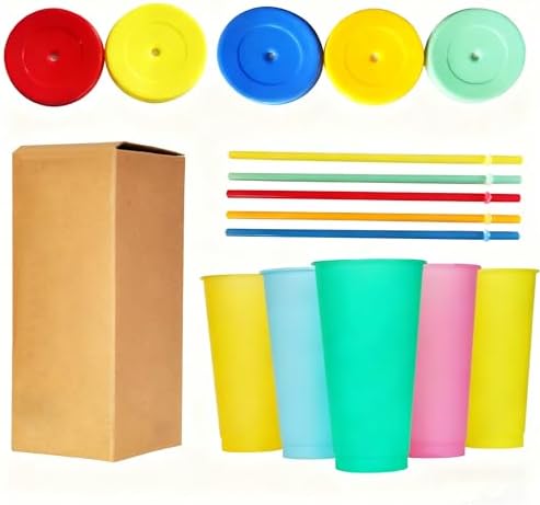 Color Changing Cups, 5 Pack 24oz Plastic Tumblers, Reusable Iced Coffee & Smoothie Cups with Lids and Straws for Parties and Travel (5 Change, 5 Packs)