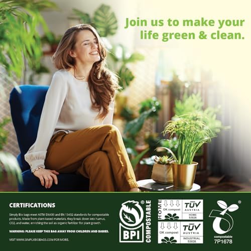 Simply Bio 50-55 Gallon Compostable Trash Bags Liners Flat-Top, Heavy Duty Extra Thick 2 Mil, 208.2 Liter, 12 Bags, Lawn, Yard, and Restaurant Use, ASTM D6400, US BPI, OK Compost Home Certified