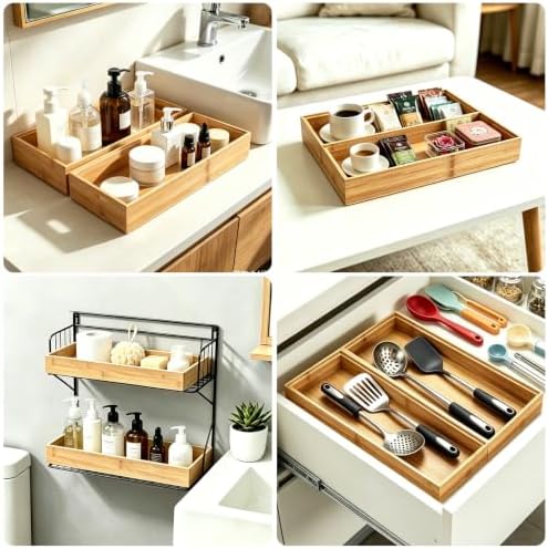 Bamboo Drawer Organizer Set of 2 for Kitchen Drawers, Large Stackable Drawer Organizer for Silverware, Utensils, Cutlery, Flatware, Junk Drawer, Dresser, Bathroom, 15" x 6" x 2"