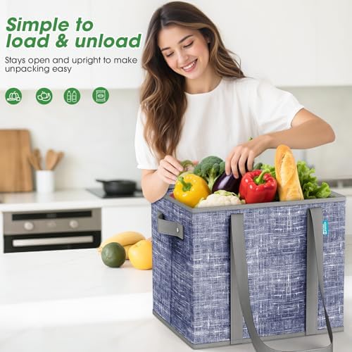 Fab totes Reusable Grocery Bags, Large Foldable Shopping Tote Bags with Reinforced Handles & Hard Bottom,6 Pack,Blue
