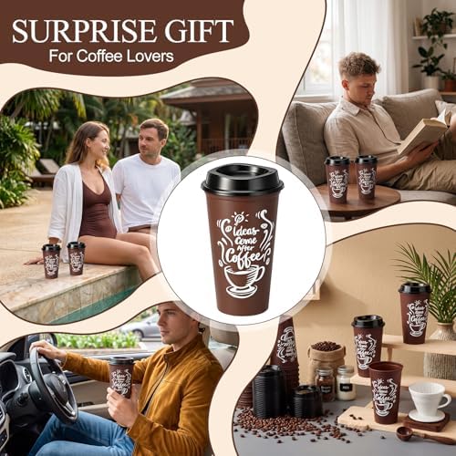 Honeydak 45 Pack 16 oz Reusable Coffee Cups with Lids Water Bottle Iced Coffee Travel Mug Portable Plastic Tea Tumblers Bulk for Hot and Cold Drinks Birthdays Party (Brown,Printing Style)
