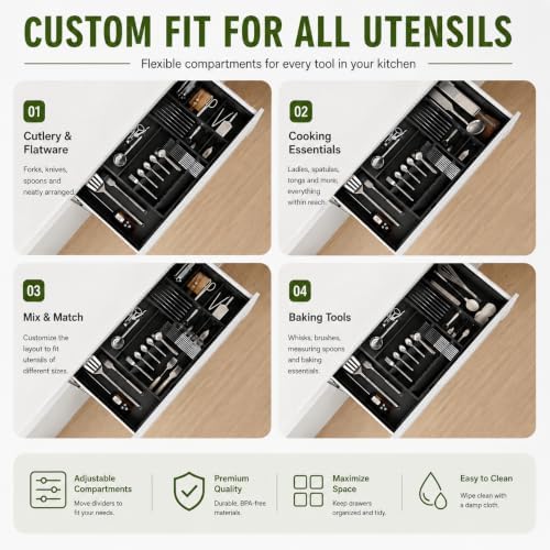 Bamboo Expandable Kitchen Drawer Organizer, 17.7-29.5 in,Black