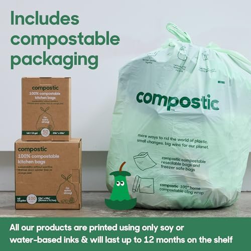 Compostic Compostable 13 Gallon Trash Bags, 100 Ct, Extra Strong