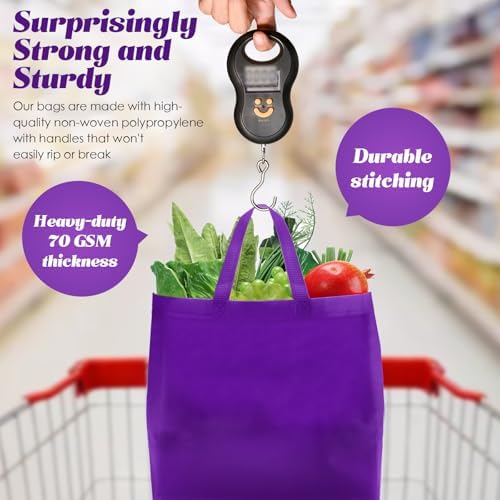 Reginary 50 Pcs Reusable Tote Bags Shopping Bags Non Woven, Black, Purple