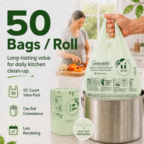 UNNI 1.6 Gallon Compostable Bags with Easy-Tie Handles, 6 Liter, 50 Count