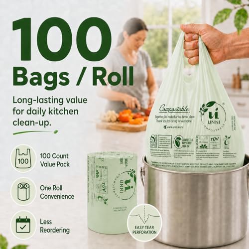 UNNI 3 Gallon Compostable Bags with Easy-Tie Handles, 11.35 L, 200 Count