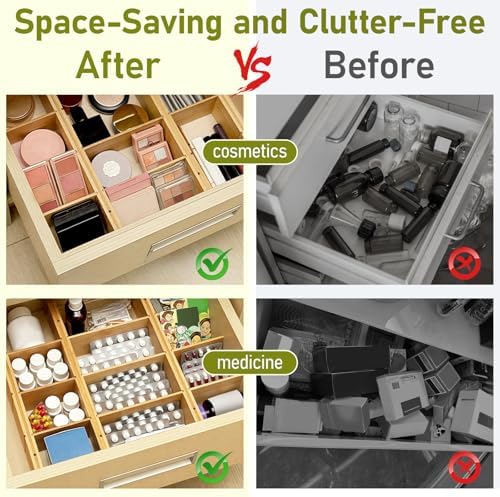 Whitmor Adjustable Bamboo Drawer Dividers, Expandable 17"-22" Drawer Organizer, Space-Saving, Non-Slip & Spring-Loaded Separators for Kitchen, Bedroom, Office, 4 Pack Dividers with 9 Baffles