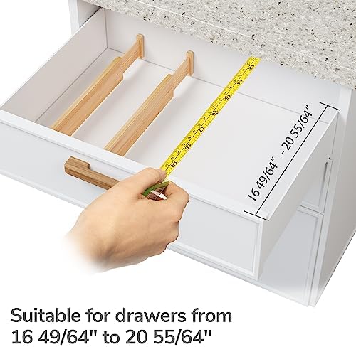 BAMEOS Bamboo Expandable Drawer Dividers – Fits 16.6"–22" Drawers, 2" High, Set of 4 | Spring-Loaded Bamboo Separator for Kitchen Island, Bathroom Vanity & Dresser Drawers