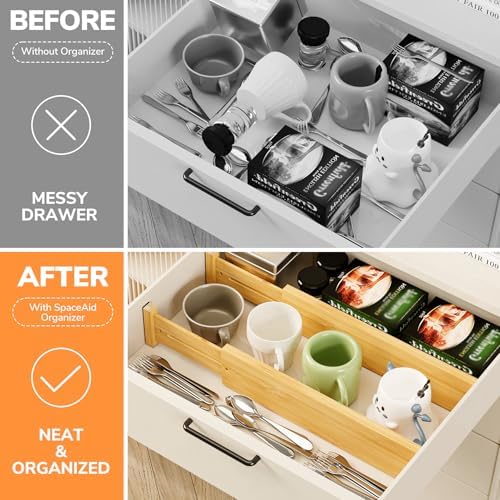 BAMEOS Bamboo Expandable Drawer Dividers – Fits 13.3"–19" Drawers, 3" Deep Walls, Set of 4 | Spring-Loaded Separator for Deep Kitchen & Bathroom Drawers, Prevents Items Falling Over