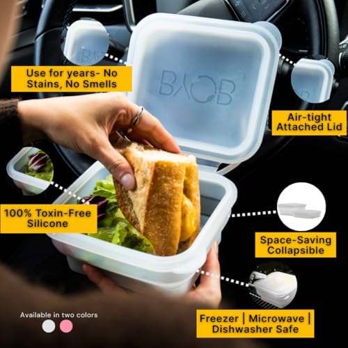 BYOB Collapsible Silicone Food Containers with Attached Lids – Reusable To-Go & Leftover Containers, Platinum Silicone, Leak-Resistant – 4 Pack (White/Pink)