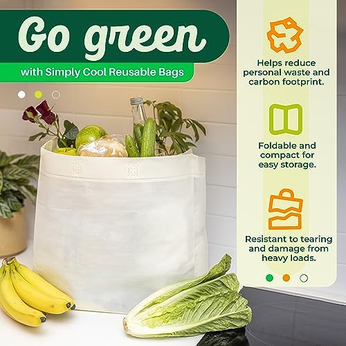 Simply Cool 50 Pack Reusable Grocery Bags, Large Tote Bags Bulk, Cream