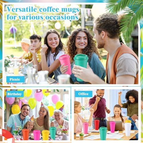 Honeydak 45 Pack 16 oz Reusable Coffee Cups with Lids Water Bottle Iced Coffee Travel Mug Portable Plastic Tea Tumblers Bulk for Hot and Cold Drinks Birthdays Party (Dark Color,Classic)
