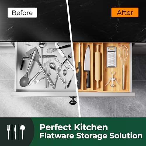 Large Silverware Organizer, 11 Slots Magnetic Connected Expandable Acacia Wood Utensil Drawer Organizer From 21 to 37.4 Inches, Adjustable Flatware and Cutlery Holder, Utensil Tray for Kitchen