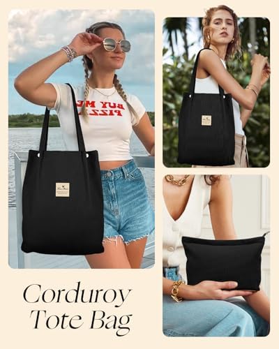 Miss Adola 2 Pack Corduroy Tote Bag with Pouch for Women