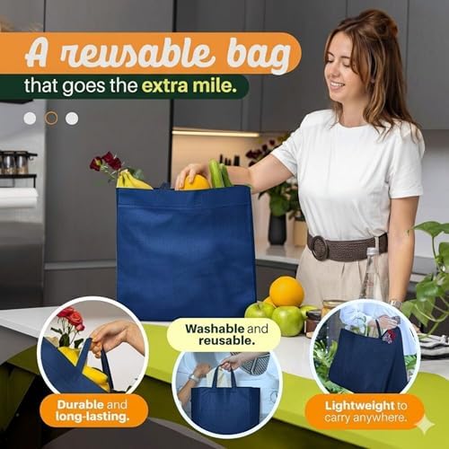 Simply Cool 200 Pack Reusable Grocery Bags, Large Tote Bags Bulk, Navy Blue