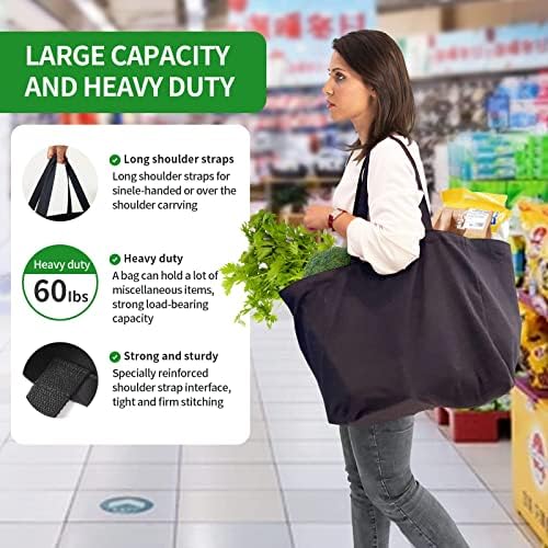 Heavy Duty Canvas Reusable Grocery Bags - 8.3 Gal Foldable Large Tote with Handles, Holds 60 lbs & Washable Eco-friendly Bags with 5 Pockets