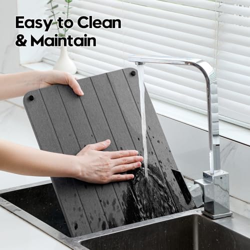 Razborci Stone Dish Drying Mat for Kitchen Counter, Water Absorbing Bathroom Tray Sink Organizer, Diatomaceous Earth Countertop Dish Rack Riser Sponge Holder Soap Dish, Dark Gray, 16" x 12"
