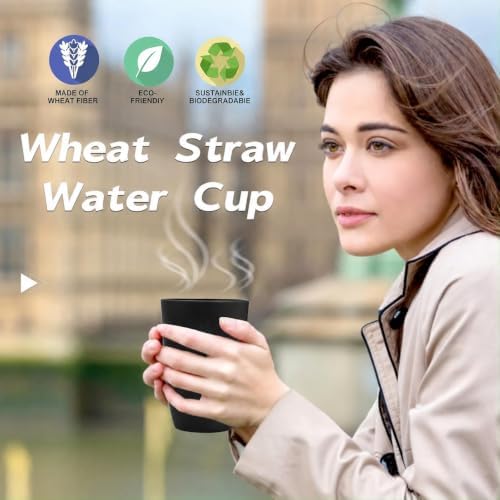 Wrova Wheat Straw Cups 6 PCS, 20 oz Plastic Cups Reusable Kitchen Cups, Dishwasher & Microwave Safe Large Coffee Cup, Unbreakable Water Plastic Glasses- Black & Gray