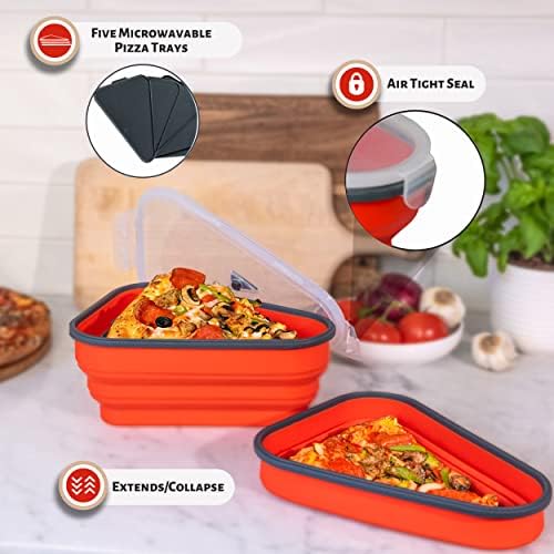 PIZZA PACK The Perfect Reusable Pizza Storage Container with 5 Microwavable Serving Trays - BPA-Free Adjustable Pizza Slice Container to Organize & Save Space, 2 Pack, Red, Green