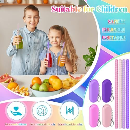 Meanplan 4 Sets Reusable Straws Travel Case Brush Silicone,Pink
